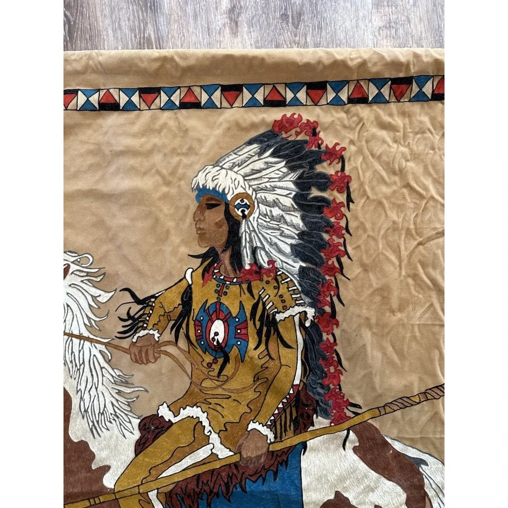 Vintage Native American on Horse Painted Velvet Cloth Wall Hanging Fringe
